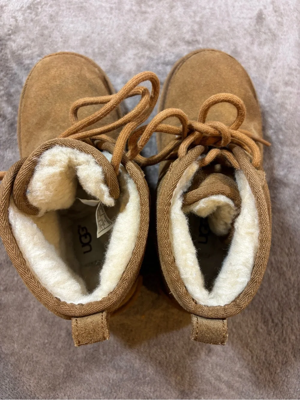 UGG Neumel II Chestnut Brown Suede Lace-Up Shearling Boots Kids Size 2